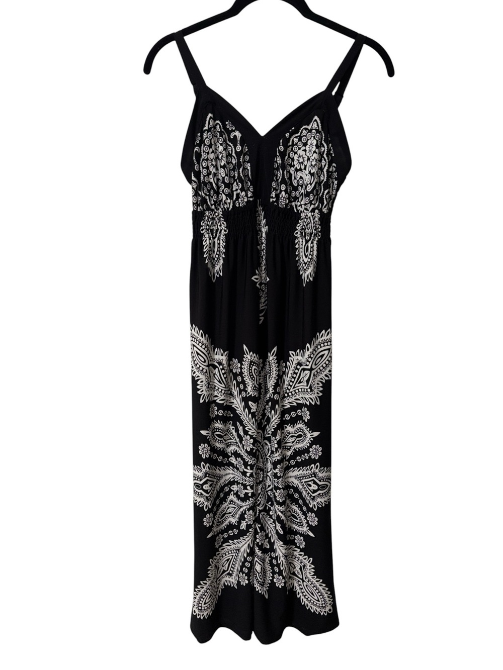 Point Zero (S) Black Midi Dress White Paisley Print White Smocking Sundress - Picture 13 of 14